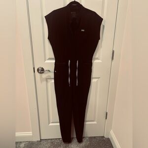FIGS Black Sleeveless Zip-Front Jumpsuit with Waist Tie
